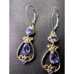 Tanzanite two toned sterling silver chandelier lever back earrings